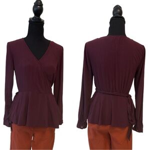 LOFT Burgundy Long Sleeve Wrap Blouse